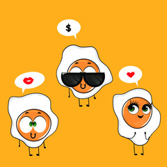 Funny omelette character design with bubble speech. Fried egg with different emotions combined into one comic story. 