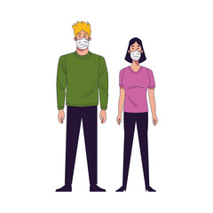young couple wearing medical masks characters