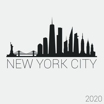 New York City America. Skyline Silhouette City. Design Vector. Famous Monuments.