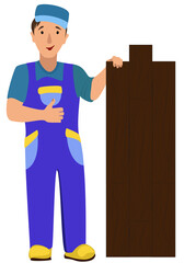 Floor master presents high-quality production, company worker who produce floors from wood, vinyl, laminate. Illustration in a flat style isolated on white