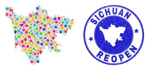 Celebrating Sichuan Province map mosaic and reopening dirty seal. Vector mosaic Sichuan Province map is constructed with random stars, hearts, balloons.