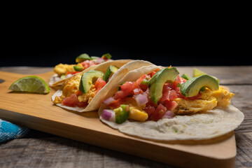 Breakfast egg tacos with flour tortilla and fresh sauce on wooden background
