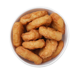 Bucket with tasty chicken nuggets isolated on white, top view