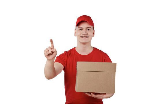 A Guy In A Special Uniform Of Red Knocks On The Door With A Parcel In His Hand.