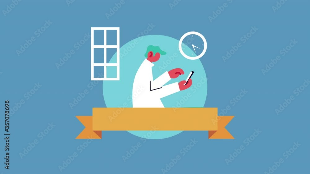 Poster man using smartphone working in home