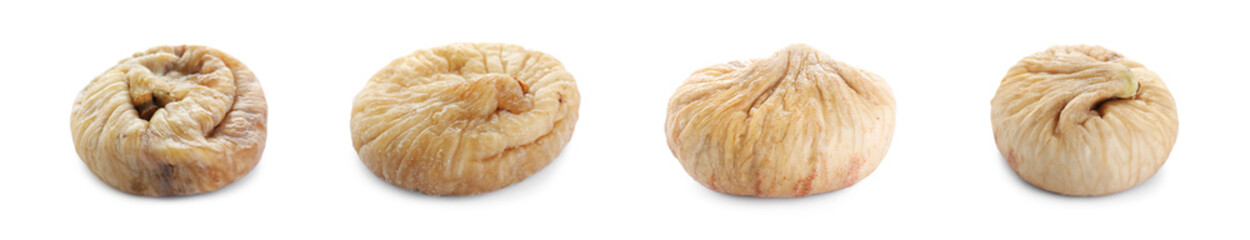 Set of dried sweet figs on white background. Banner design