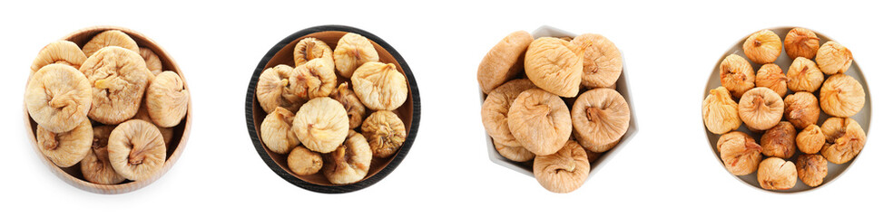 Set of dried sweet figs on white background, top view. Banner design