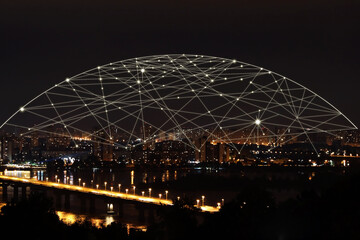 Night cityscape and network connection lines. Cloud technology