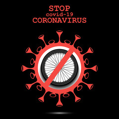 Coronavirus sign and bicycle wheel with a crossed line. Stop covid-19 outbreak. Caution risk disease 2019-nCoV. Cancellation of sports tournaments. Pattern design. Vector illustration