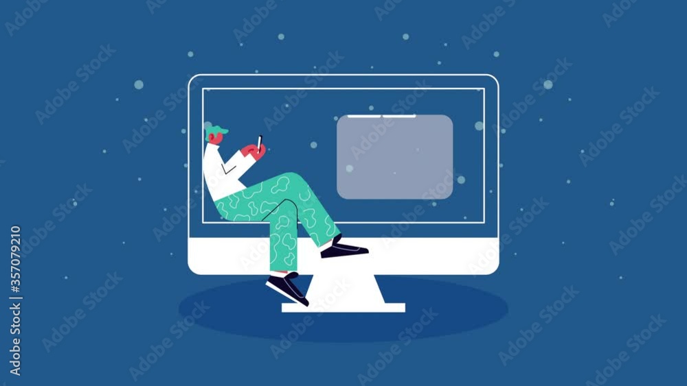 Poster man using smartphone and desktop working in home
