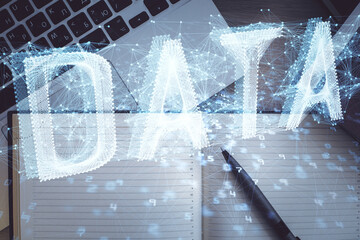 Multi exposure of data theme drawing hologram over topview work desk background with computer. Concept of technology.
