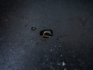 Selective focus on drops of hot oil on the surface of the pan. Abstract food background.