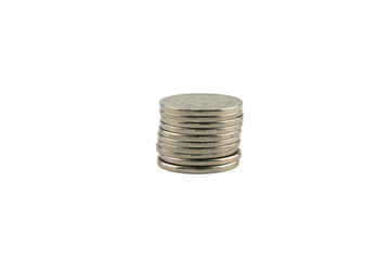 Stack of metal Russian ruble coins isolated on a white background