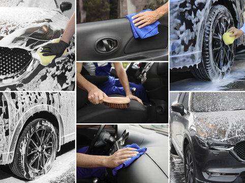 Collage of people cleaning automobiles at car wash, closeup