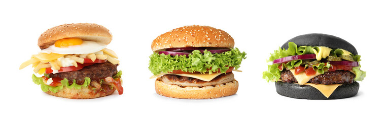 Set of different delicious burgers on white background. Banner design