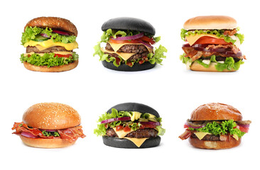 Set of different delicious burgers on white background