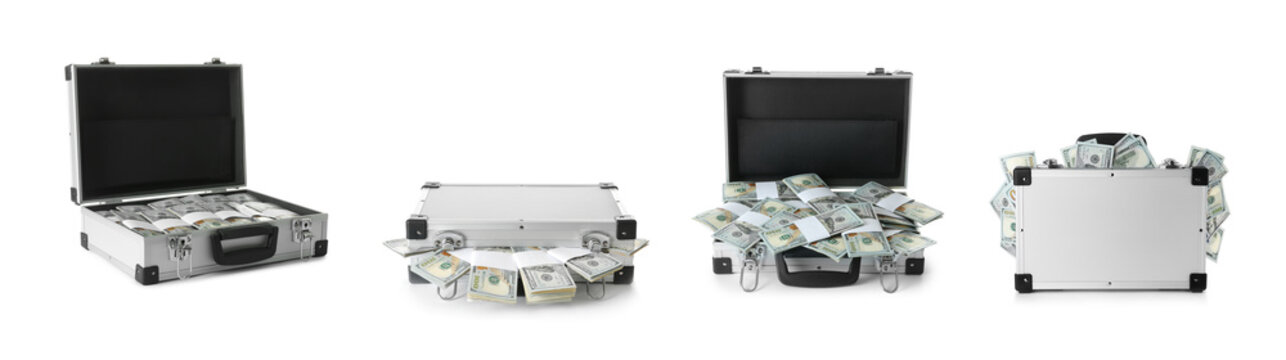 Set of suitcases with money on white background. Banner design
