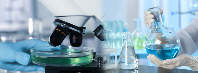 Scientists doing research and analysis in chemical laboratory, closeup. Banner design