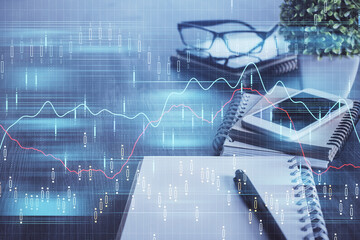 Double exposure of forex chart drawing and cell phone background. Concept of financial trading