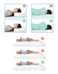 Wrong and correct sleeping posture. Choose right pillow and mattress