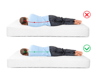 Wrong and correct sleeping posture. Choose right mattress