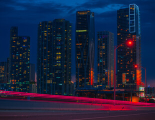 Fototapeta na wymiar miami city at night skyline buildings Downtown sunset 