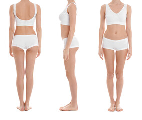 Collage with photos of young woman in underwear on white background, closeup. Beauty and body care