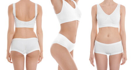 Collage with photos of young woman in underwear on white background, closeup. Beauty and body care