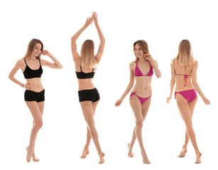 Collage with photos of young woman in bikini on white background. Beauty and body care