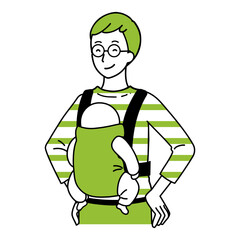 Illustration of a man holding a baby with a strap.