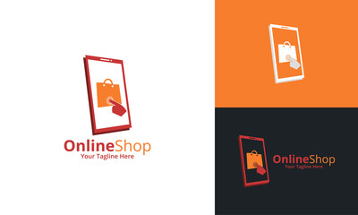Online Shop Logo designs Template. Illustration vector graphic of smartphone and shop bag combination logo design concept. Perfect for Ecommerce,sale, discount or store web element. Company emblem.