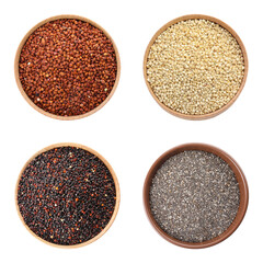 Set of different superfoods on white background, top view