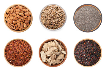Set of different superfoods on white background, top view