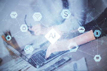 Double exposure of woman hands working on computer and data theme hologram drawing. Tech concept.