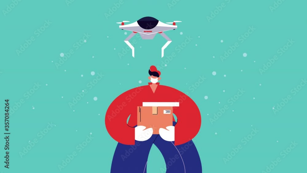 Poster delivery service drone with box and worker animation