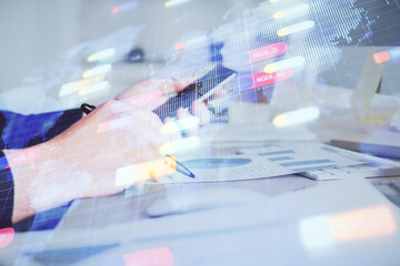 Multi exposure of man's hands holding and using a digital device and data theme drawing. Innovation concept.