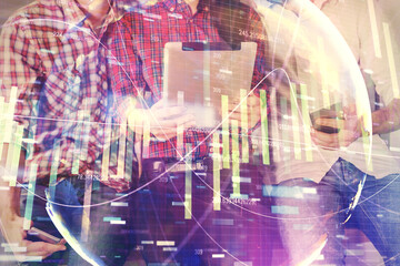 Double exposure of business theme drawing and man and woman working together holding and using a mobile device.