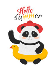 Illustration of an animal panda with a swimming ring and the inscription hello summer. Print panda with duck swimming circle and text hello summer.