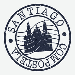 Santiago de Compostela Spain Stamp Postal. Silhouette Seal. Passport Round Design. Vector Icon. Design Retro Travel. National Symbol. - obrazy, fototapety, plakaty