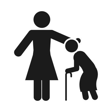 recommend clip art: pictogram woman with old woman with a cane, silhouette style