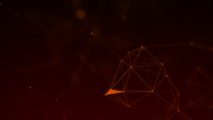 Red background with connecting triangulars, dots and lines. Futuristic polygonal background. 3d rendering.