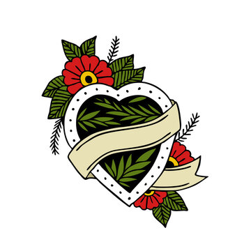 heart traditional tattoo flash, vector illustration
