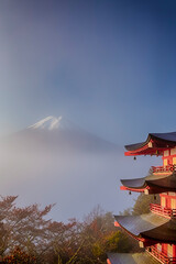 Mount Fuji Hidden in Clouds and Chureito Pagoda At Fall Season.With Traditional Red Maple Trees in Foreground.