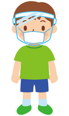 マスクとフェイスシールドを付けた子供