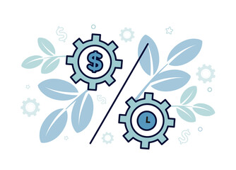 Finance. Financial services. Lending. Illustration of percentage with gears in which the dollar sign, watch, on the background of a branch with leaves, dollar sign, gear