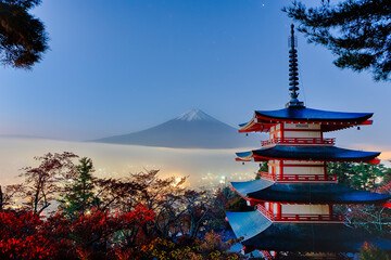 Fototapeta premium Asian Travel Destinations. Fuji With Chureito Pagoda During Fall Season in Fujiyoshida, Japan.