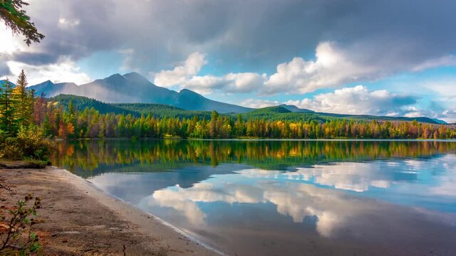 Annette Mountain Lake In Autumn in Jasper Canada Pure Calm Gentle Reflection Time Lapse 4K