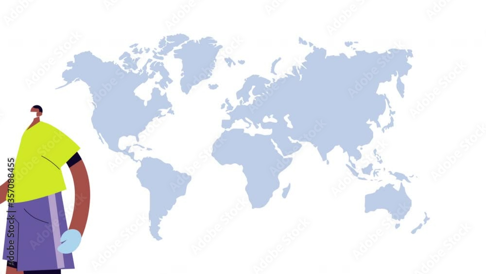 Poster delivery service worker with earth planet animation