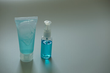 Cleansing hand alcohol gel and spray bottle on isolated on a white background, Protect and anti covid 19 virus concept