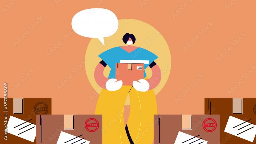 Poster delivery service worker with boxes animation